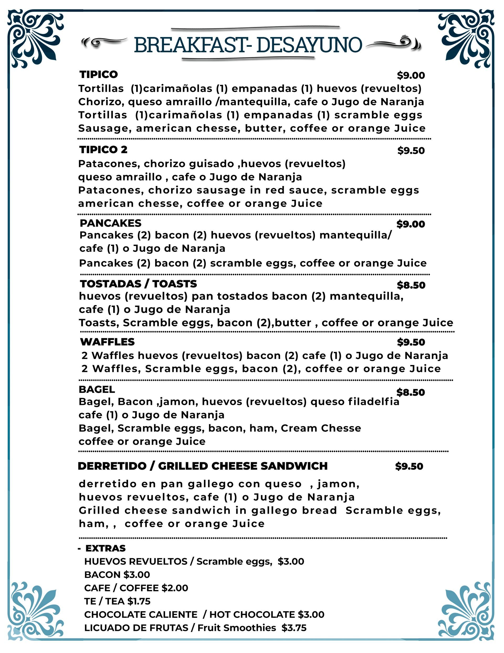 Manglar Lodge el palmar san carlos Menu