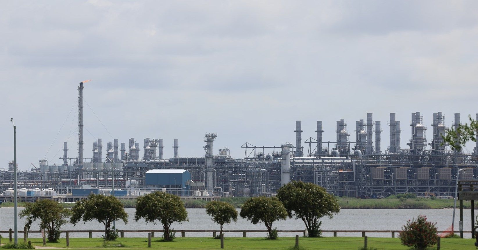 Industrial plant with numerous towers, pipes, and smokestacks, viewed behind a row of trees.