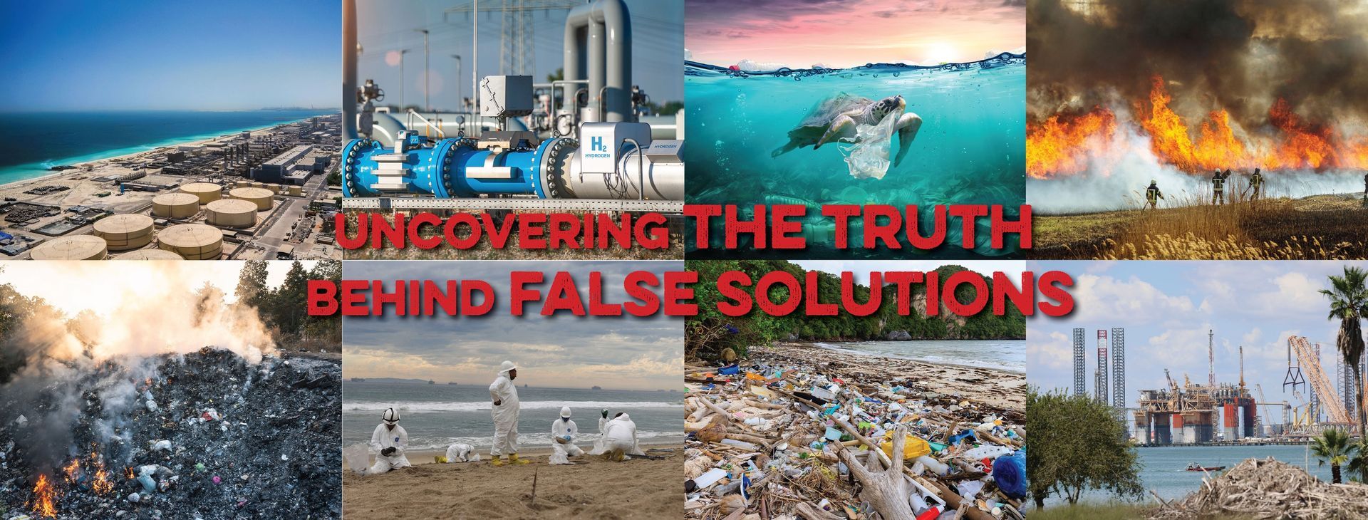 Eight images showing pollution and the text 