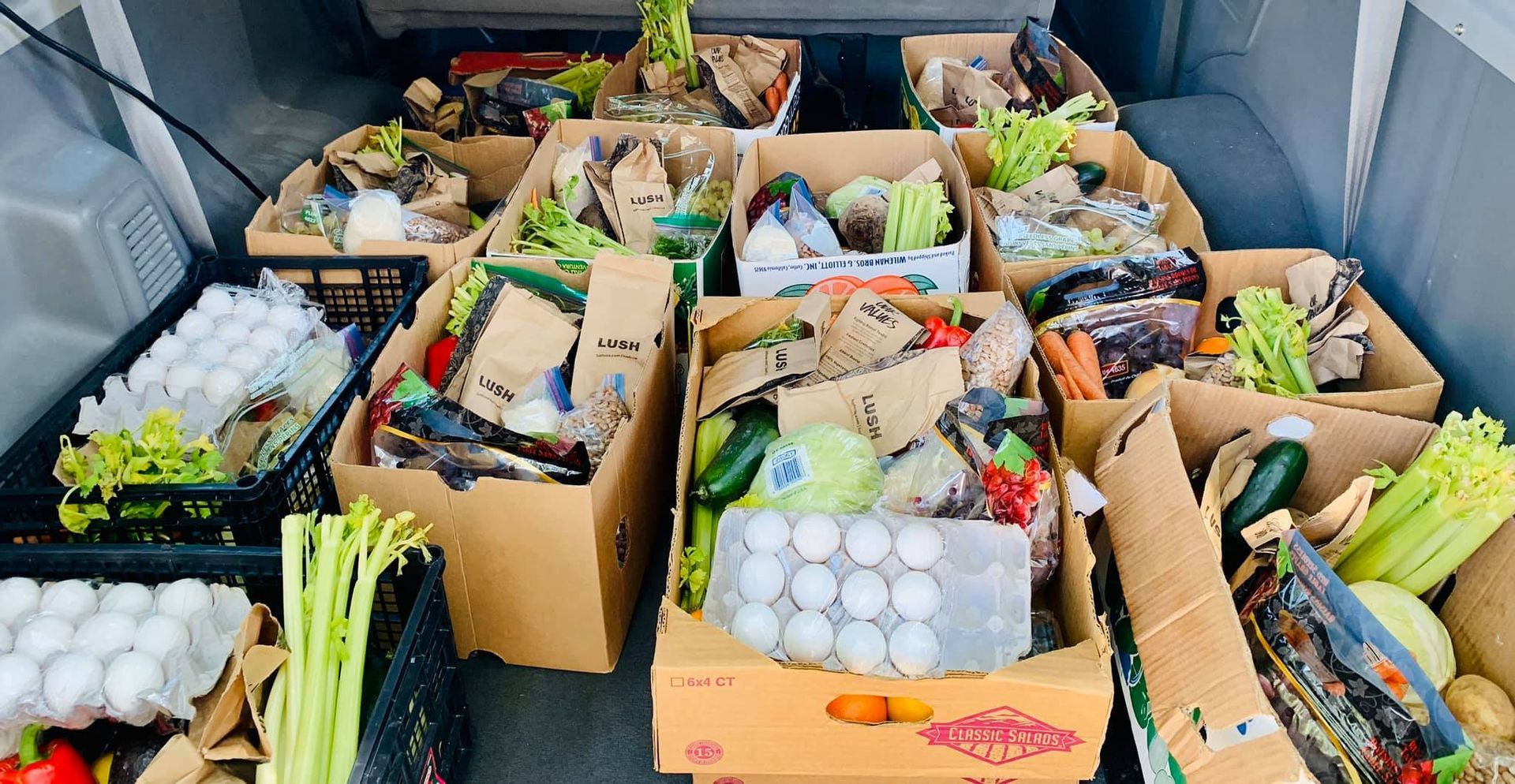 Boxes of food items, including produce and eggs, packed in a vehicle's trunk.