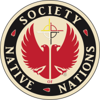 Society of Native Nations logo. Red double-headed eagle, cross, text in black and white circle.