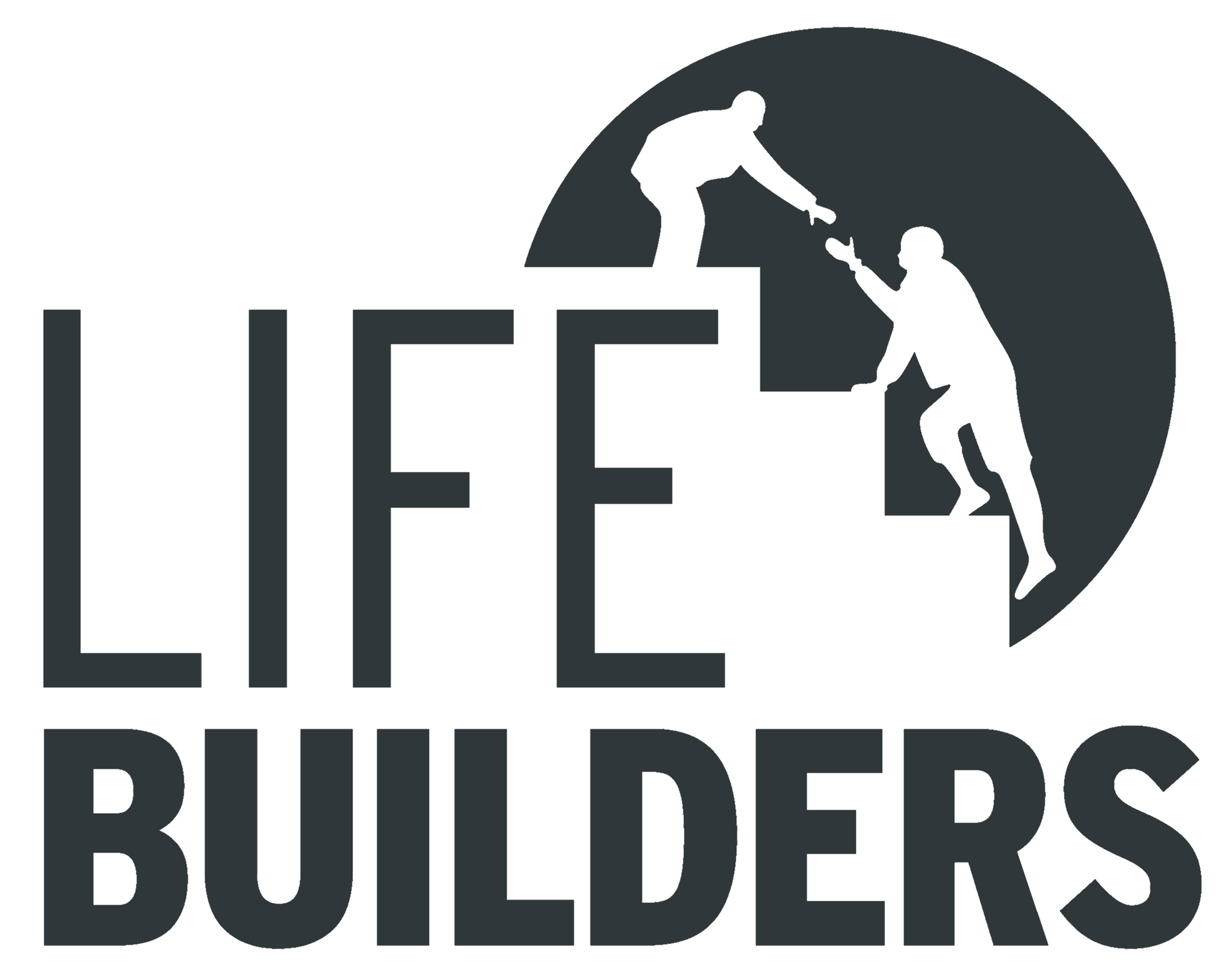 Logo for Lifebuilders shows the word LIFEBUILDERS and a silhouette of a man helping another man up some steep steps