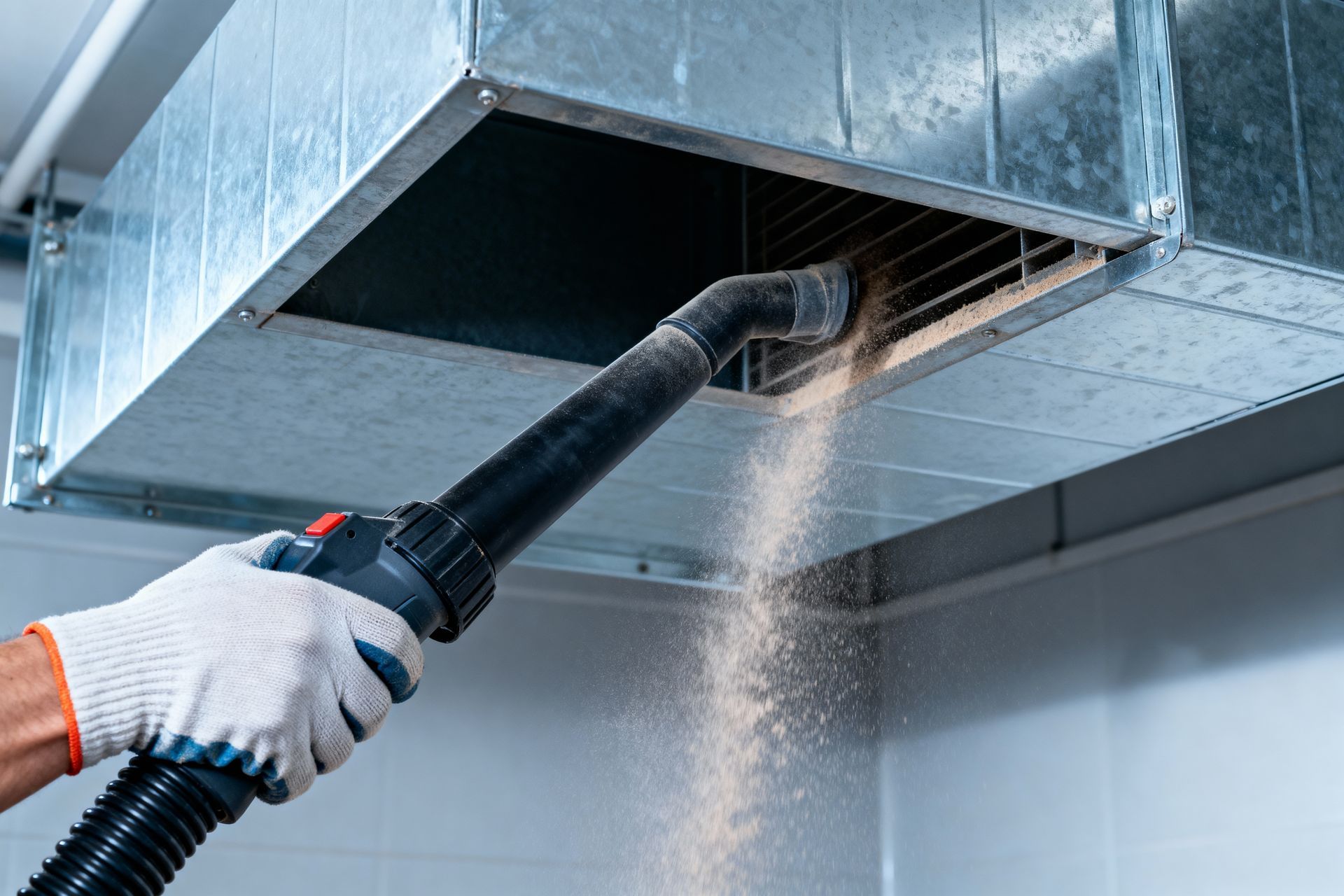 Gloved hand cleaning dust from a metal HVAC vent with a vacuum hose