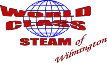 World Class Steam of Wilmington logo in red over a blue globe graphic