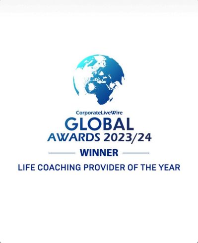 White background, blue and white globe, blue writing Global Awards 2023/24. Winner - Life Coaching Provider of the Year