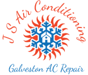 Logo for JS Air Conditioning, Galveston AC Repair. Features a house inside a snowflake surrounded by a sunburst.
