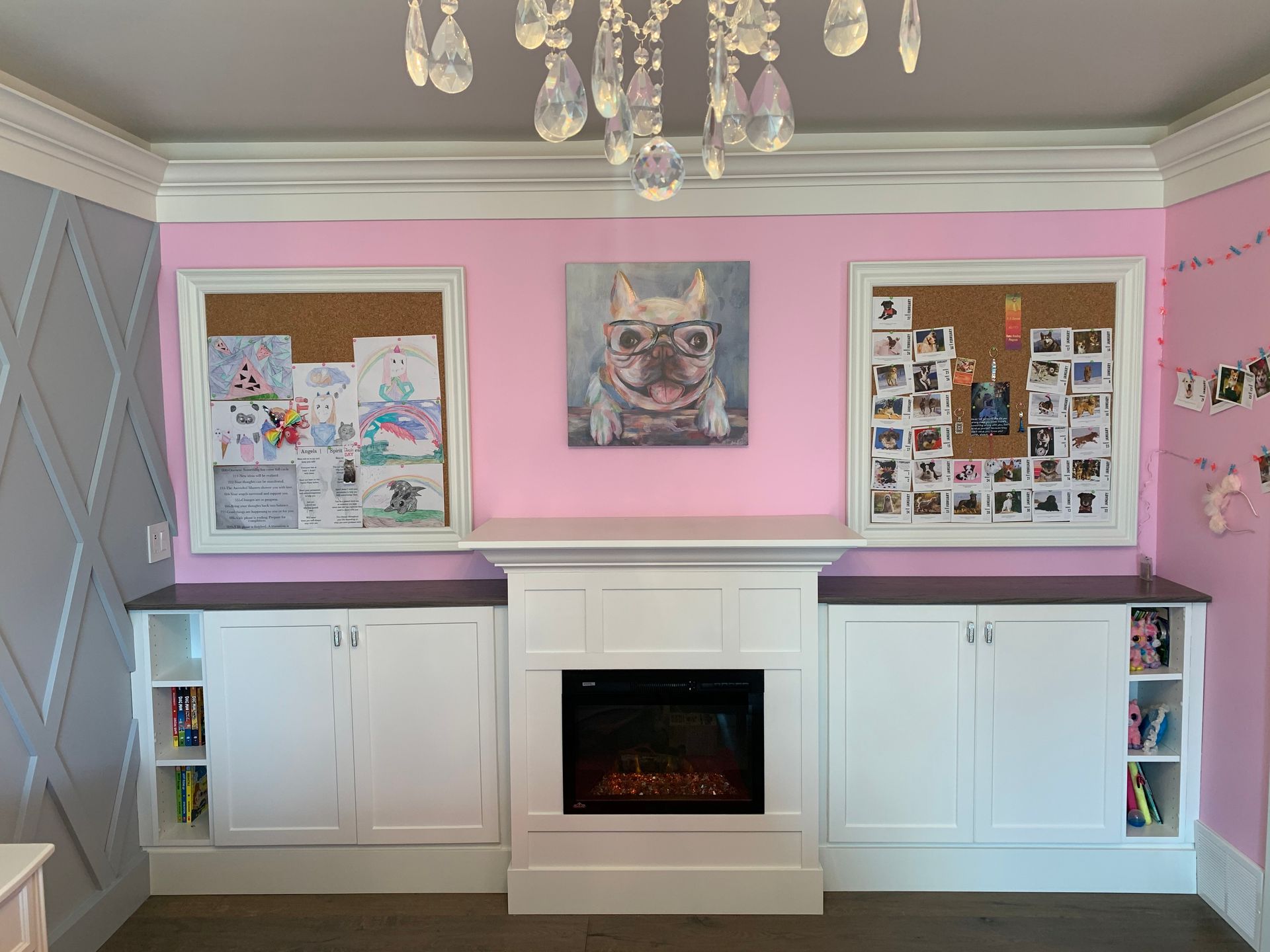 There is a fireplace in the middle of the room.