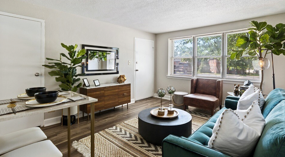 Living room with teal sofa, plants, and natural light. Wooden furniture, rug.