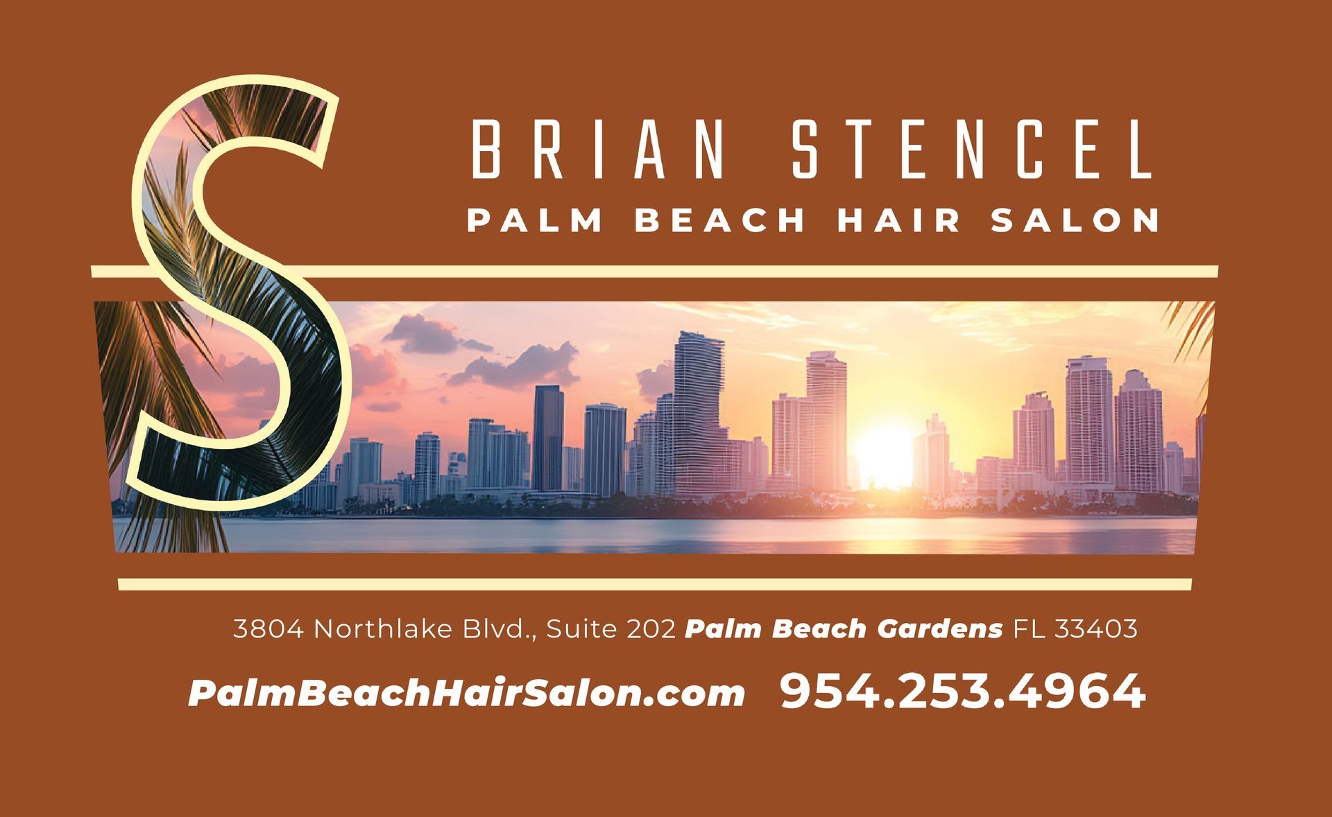 Postcard image of West Palm Beach city scape and info for Palm Beach  hair Salon by Hair designer Brian Stencel