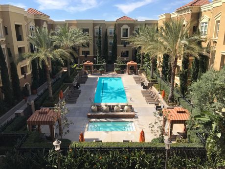 An aerial view of a large swimming pool surrounded by palm trees