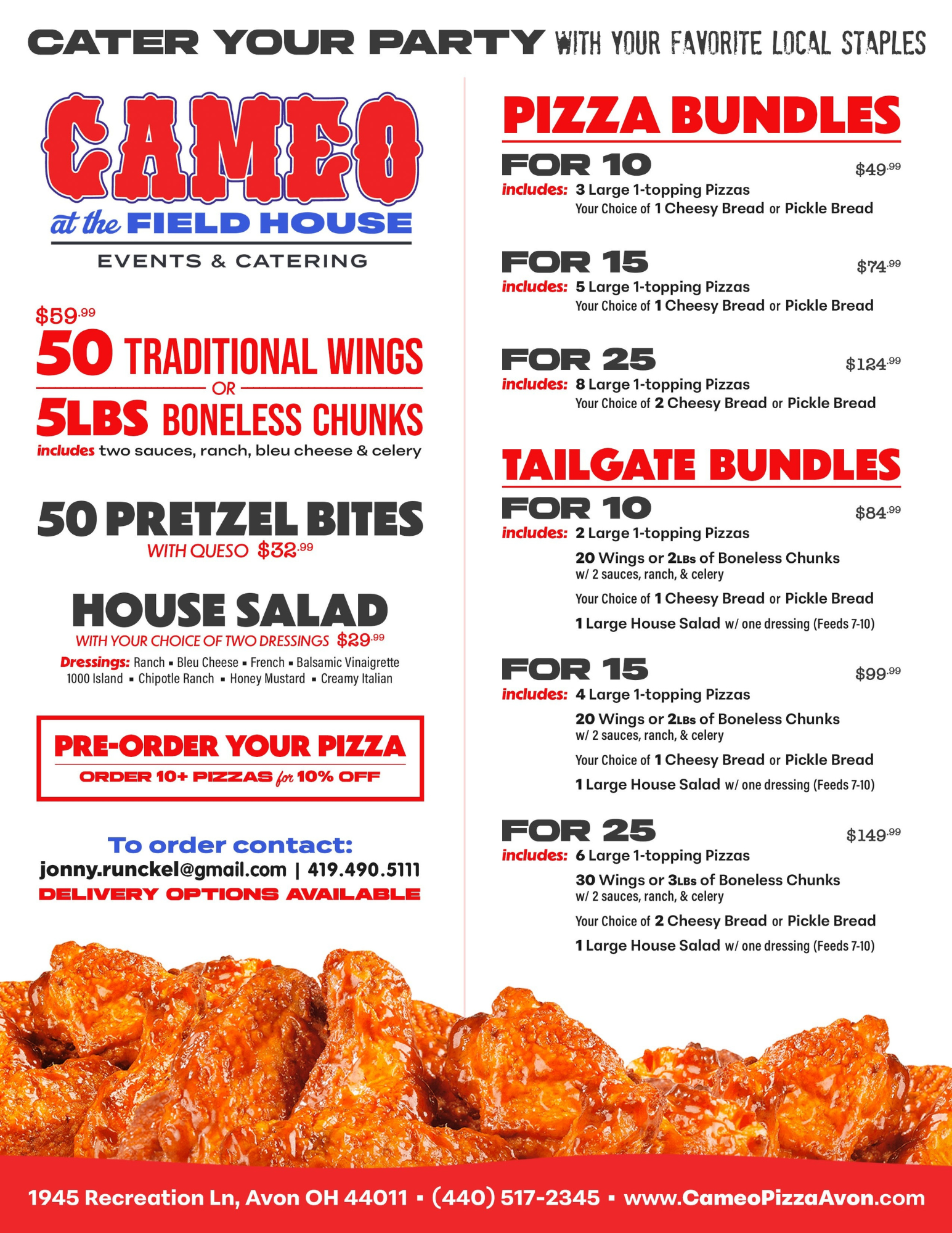 Catering Menu for Cameo Pizza in Avon, Ohio inside T3 Performance