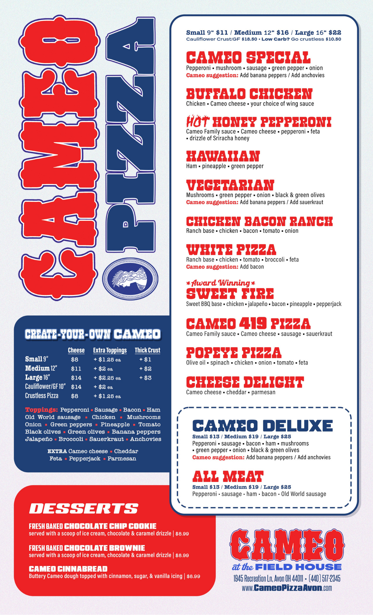 Cameo at the Fieldhouse in Avon, Ohio - Menu Side 2