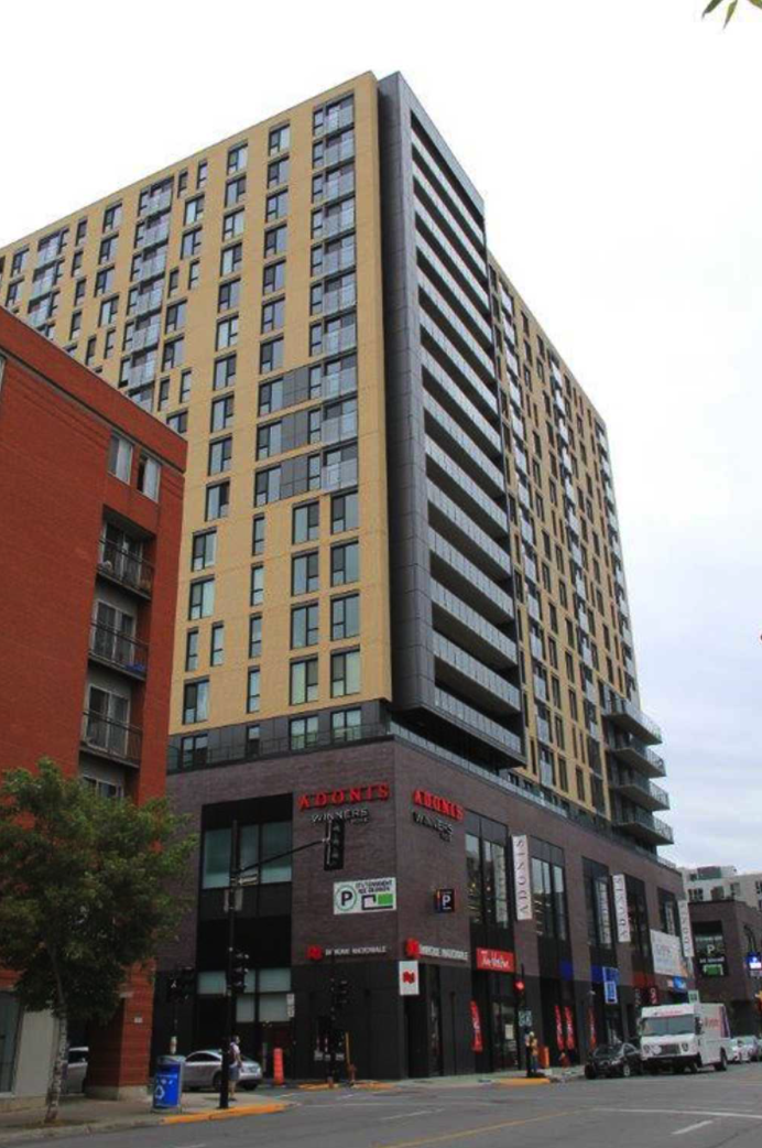 A tall building with a lot of windows is in the middle of a city