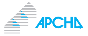 The logo for apcha is blue and gray with a triangle in the middle.