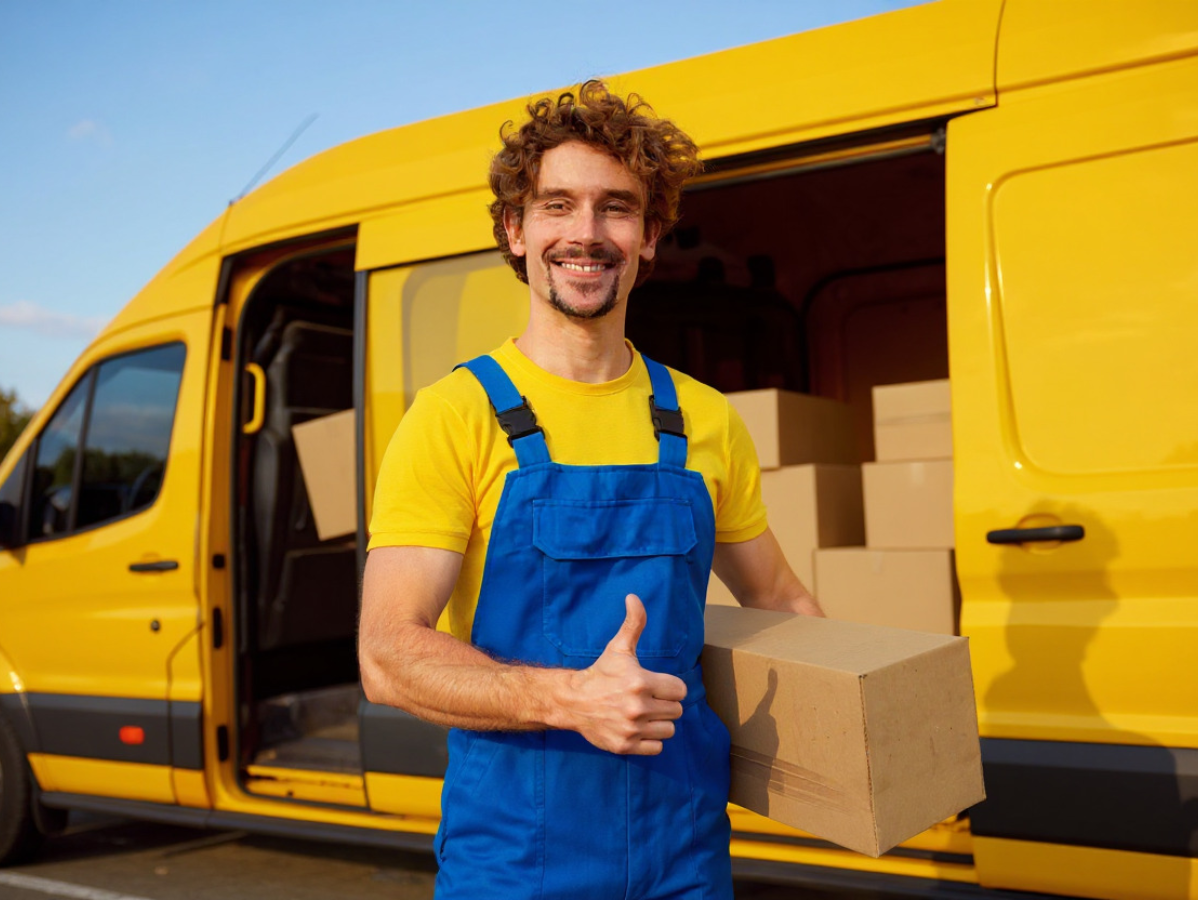 Delivery driver in blue overalls holding boxes beside a yellow van, giving a thumbs-up
