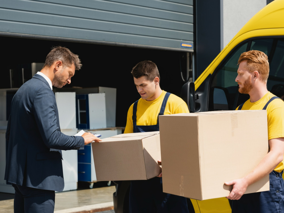 Workers loading cardboard boxes beside a delivery van outside a warehouse