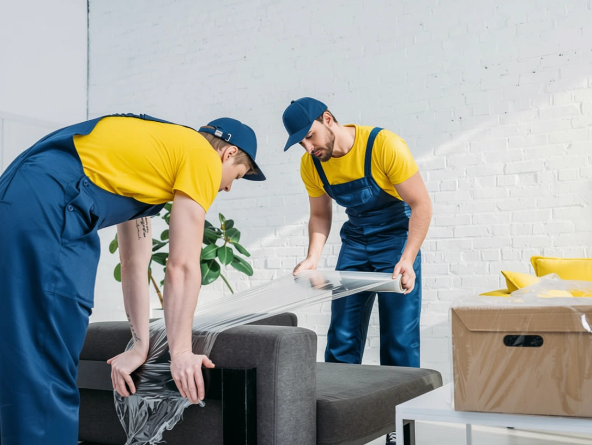 Two workers in yellow shirts move a gray sofa in a bright room with boxes and a plant.