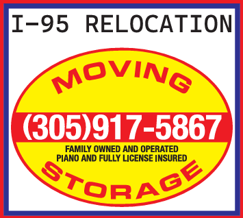 Yellow and red Moving Storage sign with phone number, licensed and insured since 1986, and a small piano icon