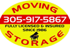 Yellow and red Moving Storage sign with phone number, licensed and insured since 1986, and a small piano icon