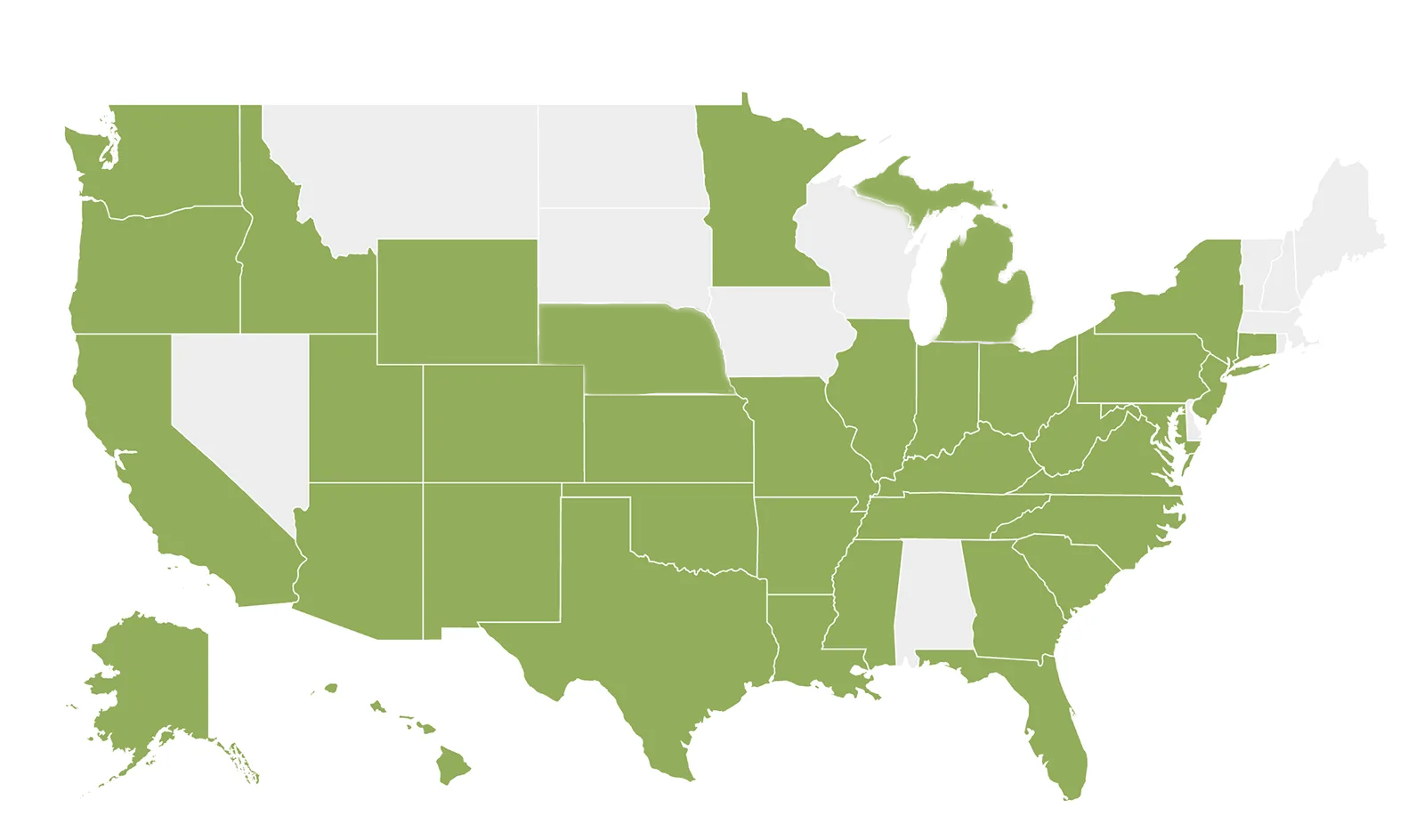 Map of the United States. Green states highlighted, indicating a specific designation, with others unhighlighted.