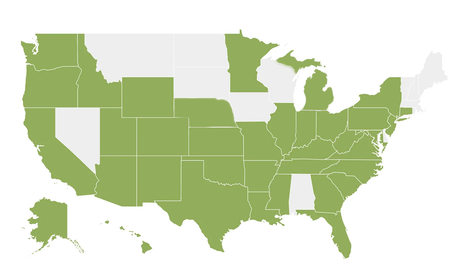 Map of the United States. Green states highlighted, indicating a specific designation, with others unhighlighted.