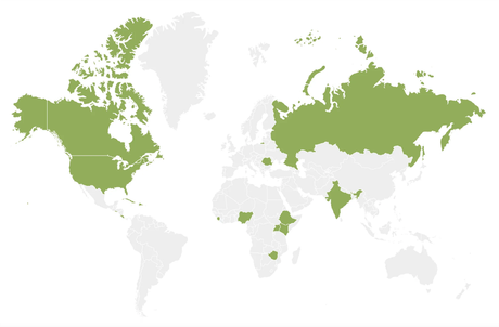 World map highlighting countries in green: USA, Canada, Russia, India, and several African nations.