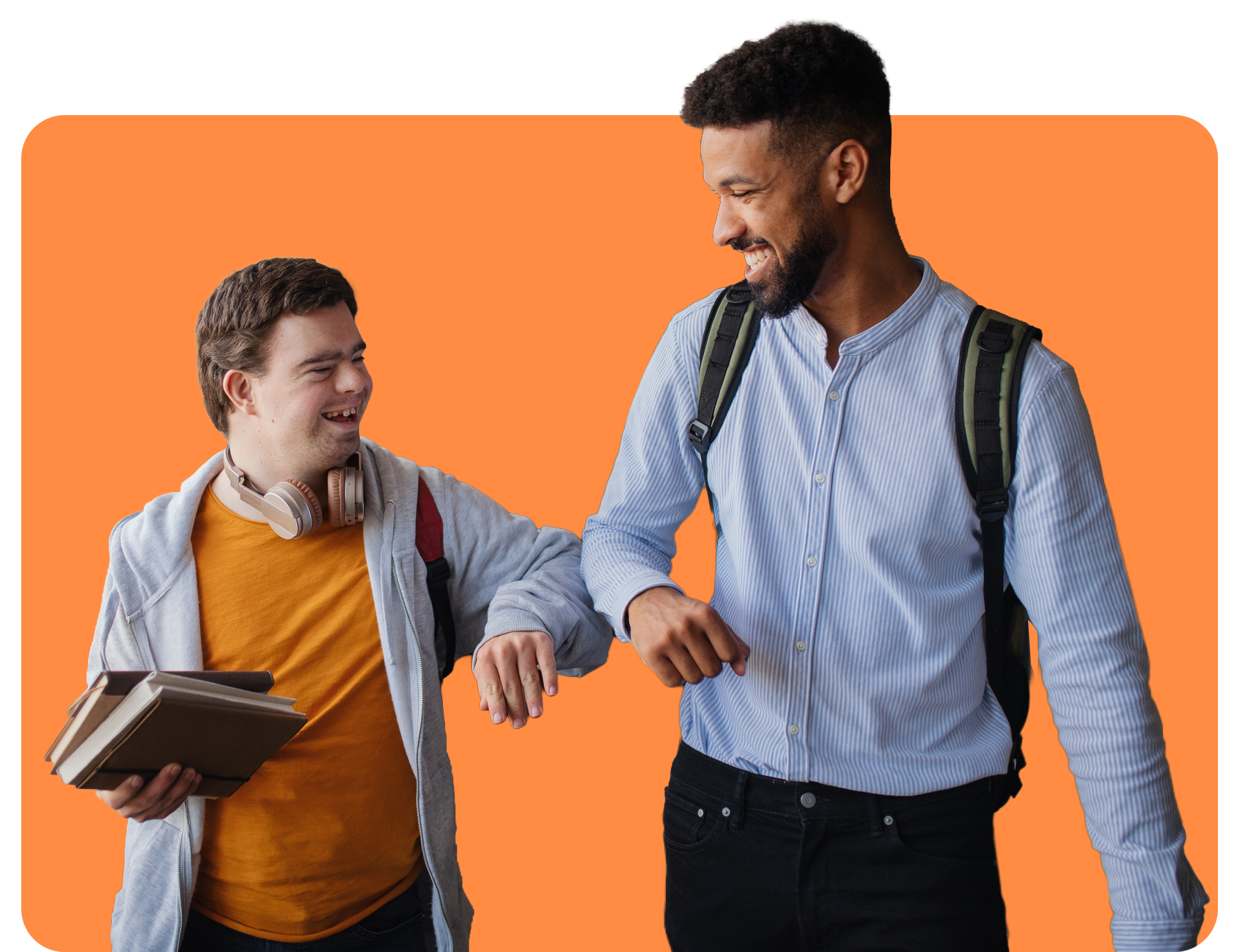 Two people, one with a backpack, elbow bump with a smile against an orange background.