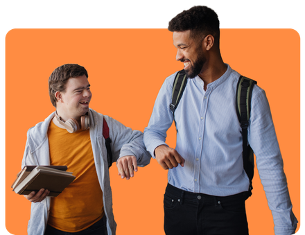 Two people, one with a backpack, elbow bump with a smile against an orange background.