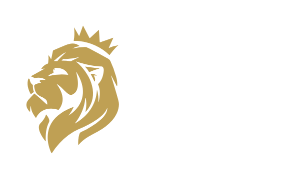 A gold lion with a crown on its head on a white background.