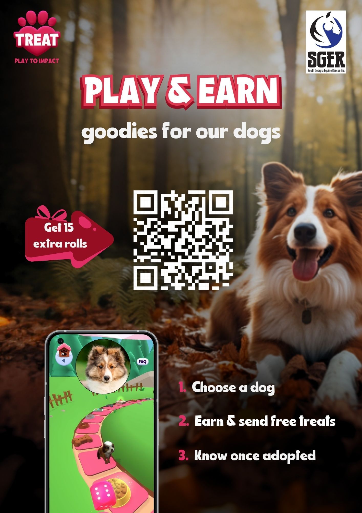 A poster for a play and earn game for dogs.