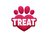 A pink paw shaped like a heart with the word treat written on it.