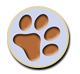 A brown paw print in a white circle on a white background.