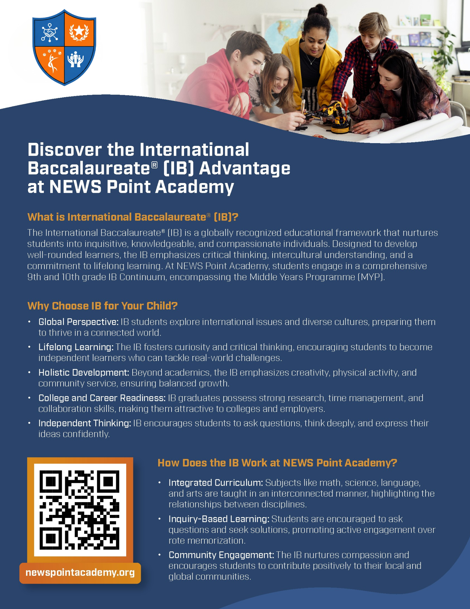 Blue IB Academy brochure with students studying, school logo, QR code, and admissions text