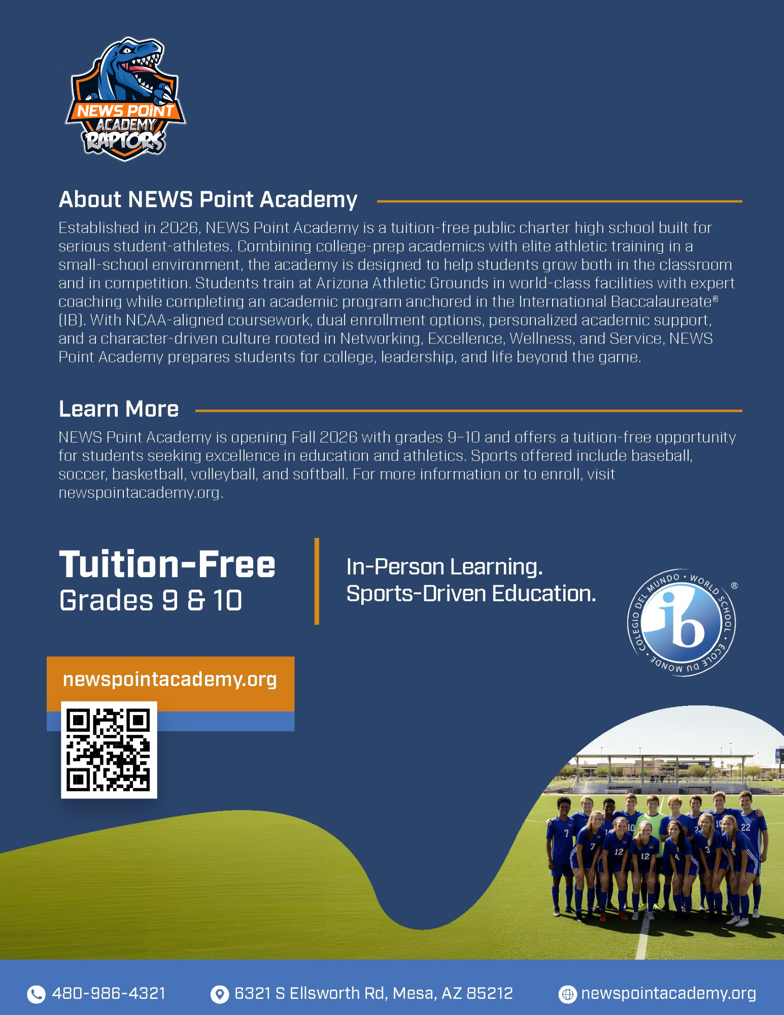 Blue school admissions flyer with text, QR code, and students' group photo at the bottom right