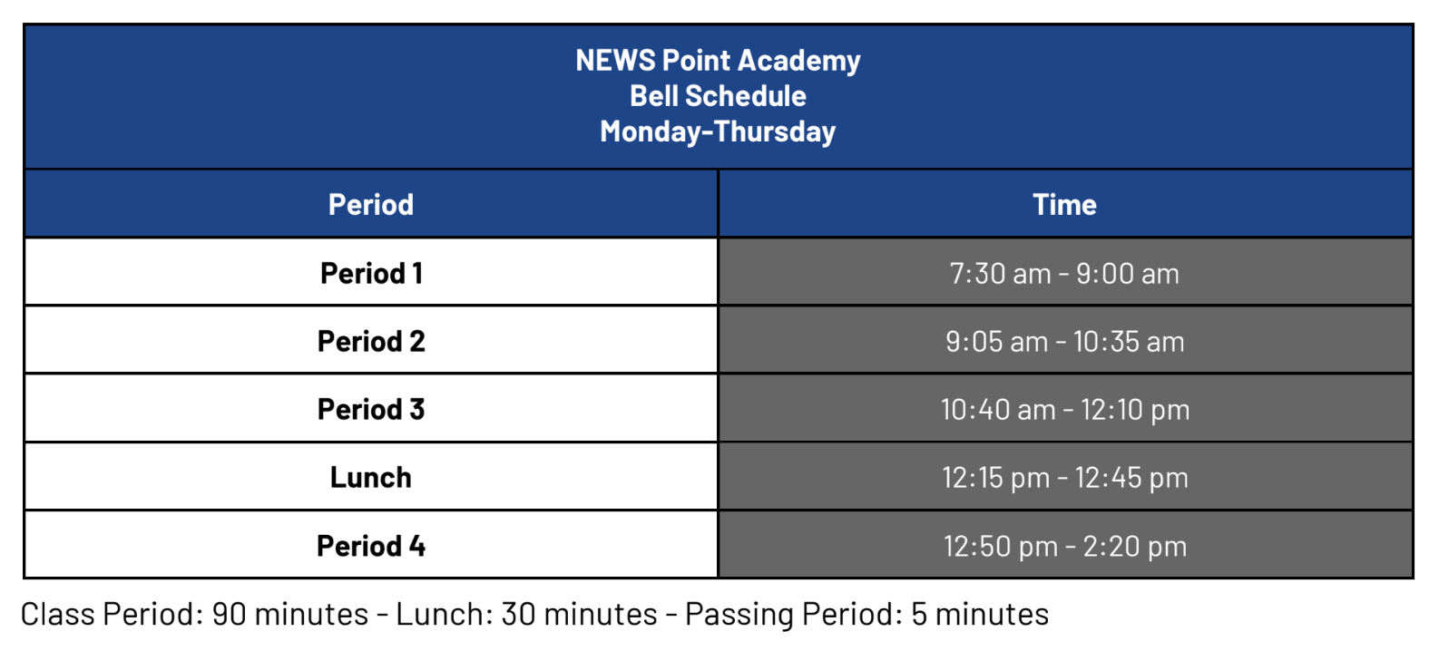 Monday through Thursday Bell Schedule 
