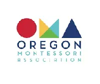 The oregon montessori association logo has a red circle , green triangle, and blue triangle.