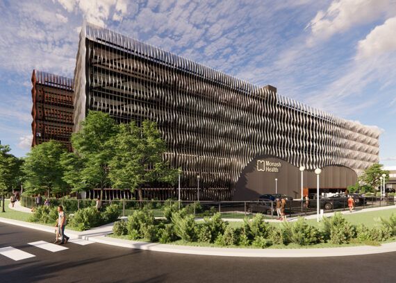 An artist 's impression of a parking garage with cars parked in front of it.