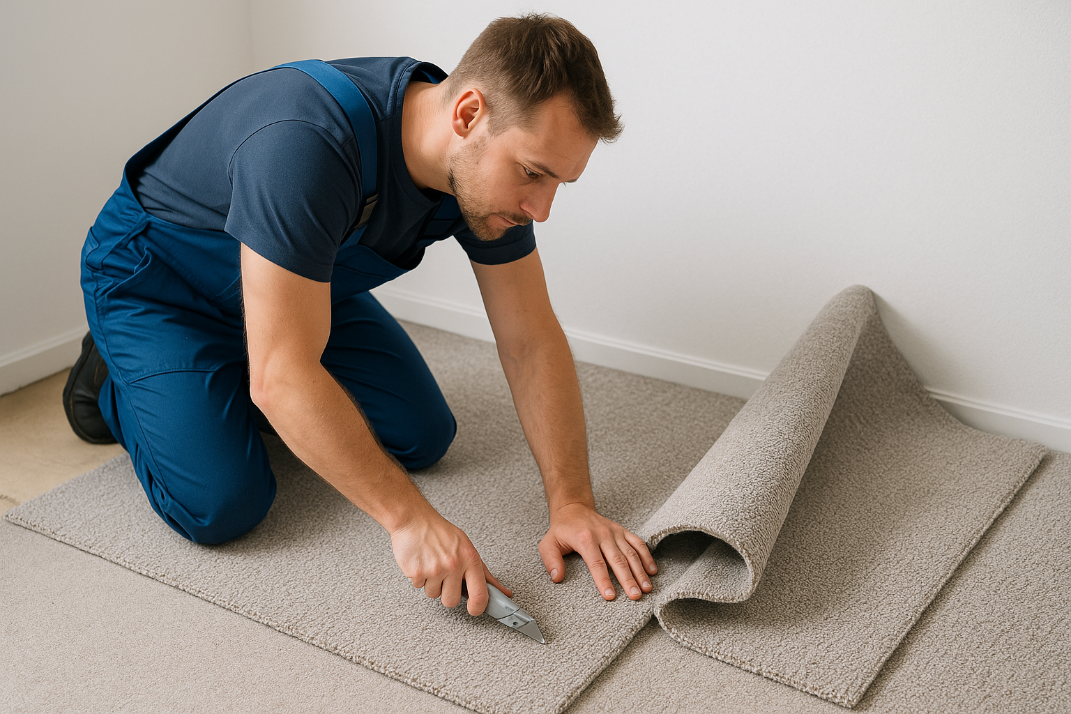 A man is kneeling on the floor cutting a piece of carpet.