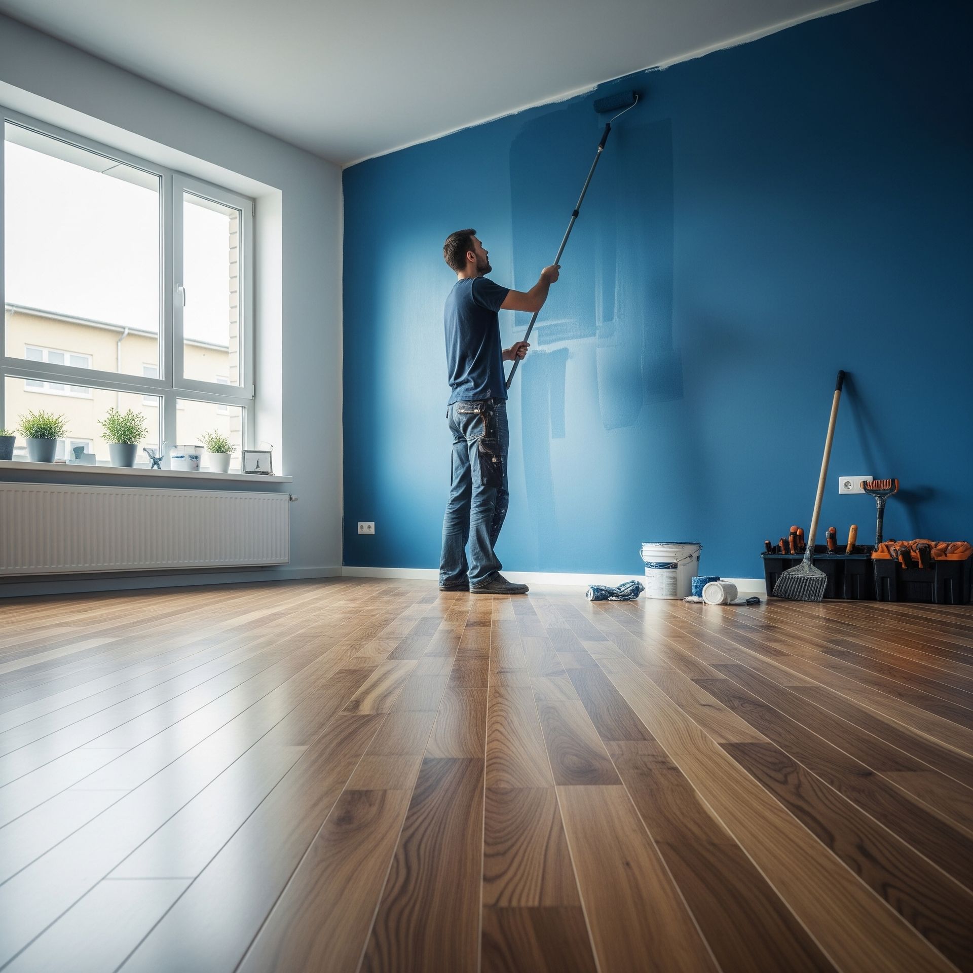 A man is painting a blue wall with a roller.