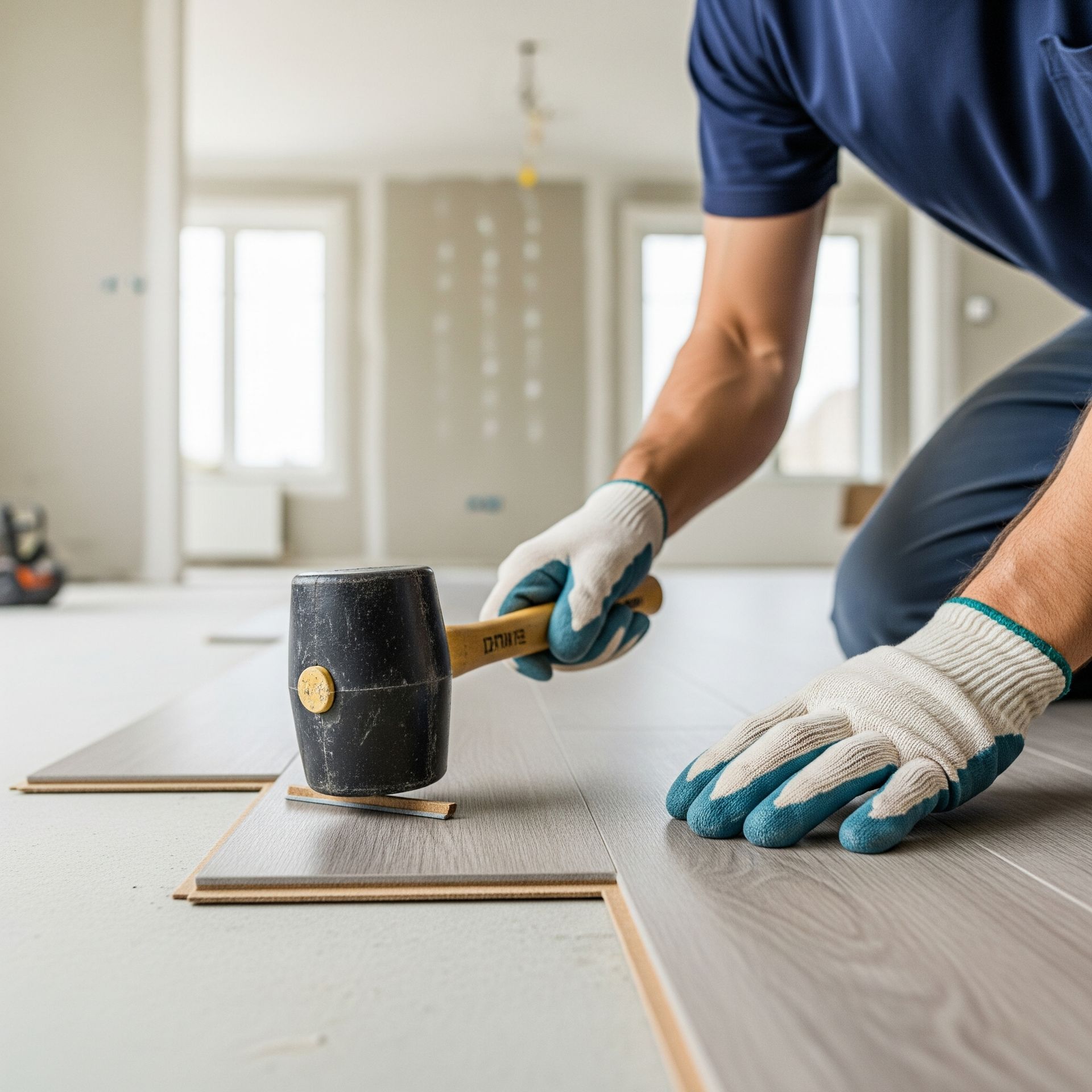 Professional installer using mallet to install durable flooring for high-traffic areas