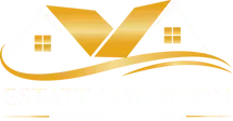 A gold logo with a house and a wave on a white background.