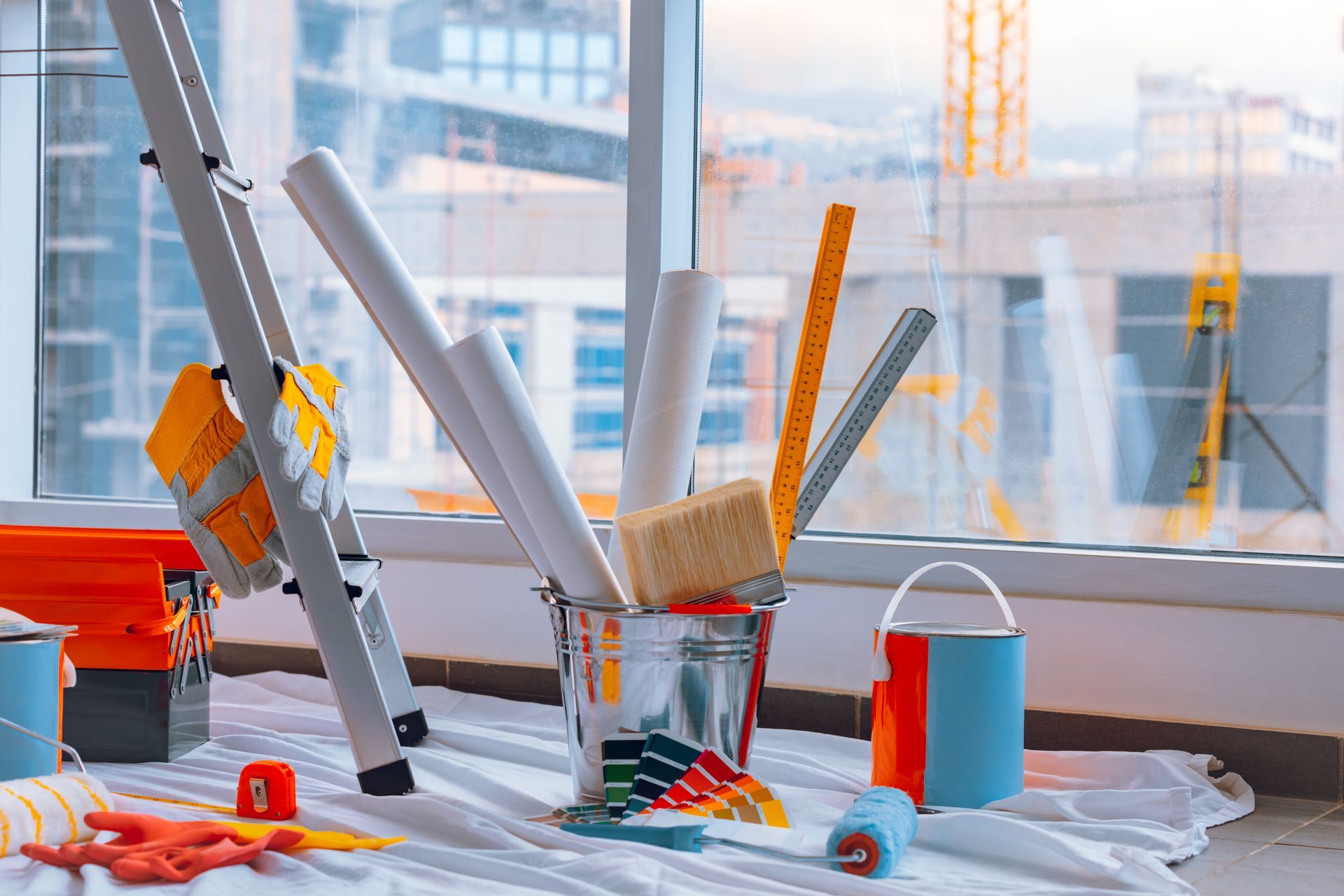 A ladder , buckets of paint , brushes , and other tools are sitting on a table in a room.