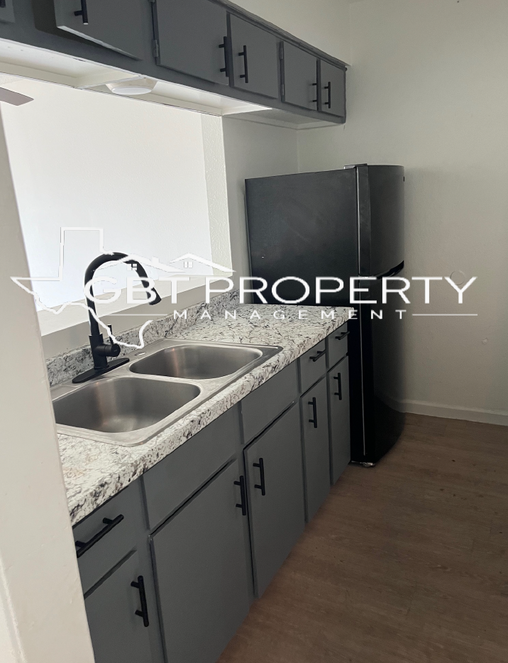 A kitchen with two sinks and a refrigerator for rent