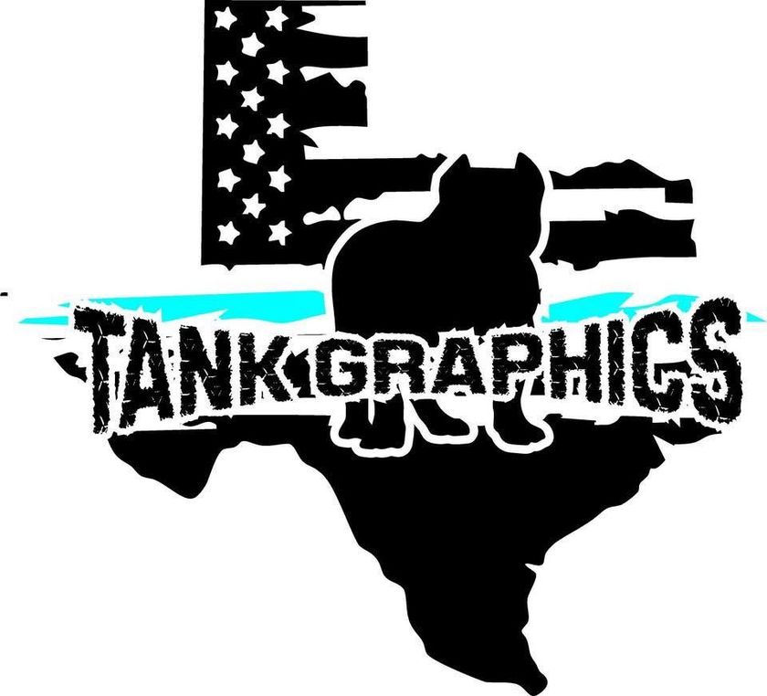 Black Texas silhouette with distressed USA flag and “TANKGRAPHICS” text across the center