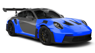 Blue and gray Porsche 911 GT3 RS sports car, angled view.