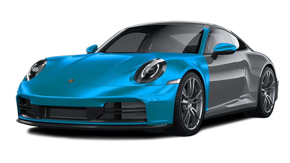 Porsche 911 sports car, half in turquoise, half in gray, against a white background.