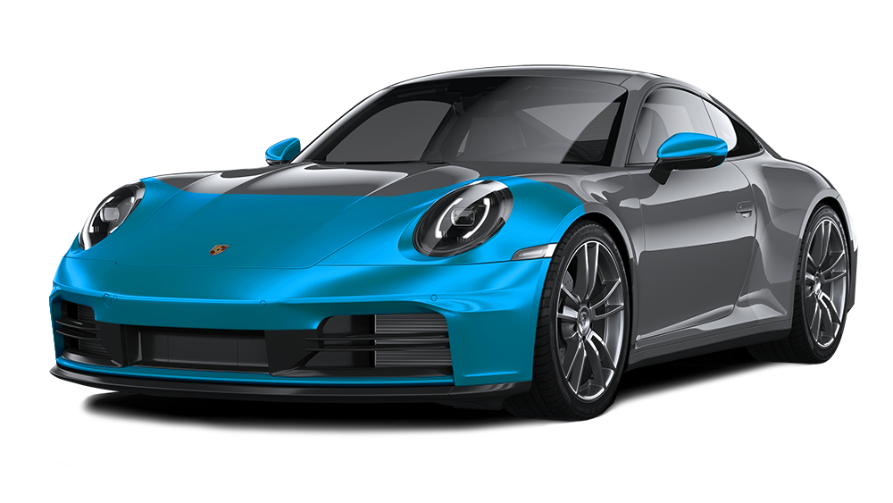 Gray Porsche 911 sports car with teal hood and fenders on a white background.