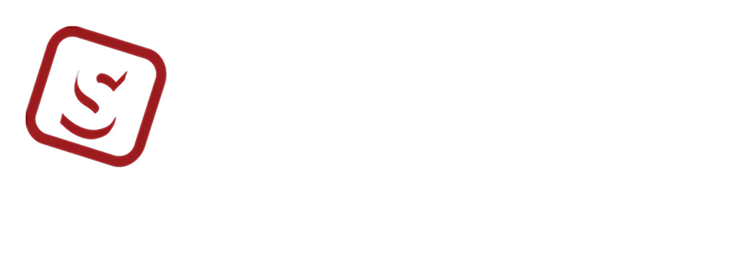 Red logo with a stylized 