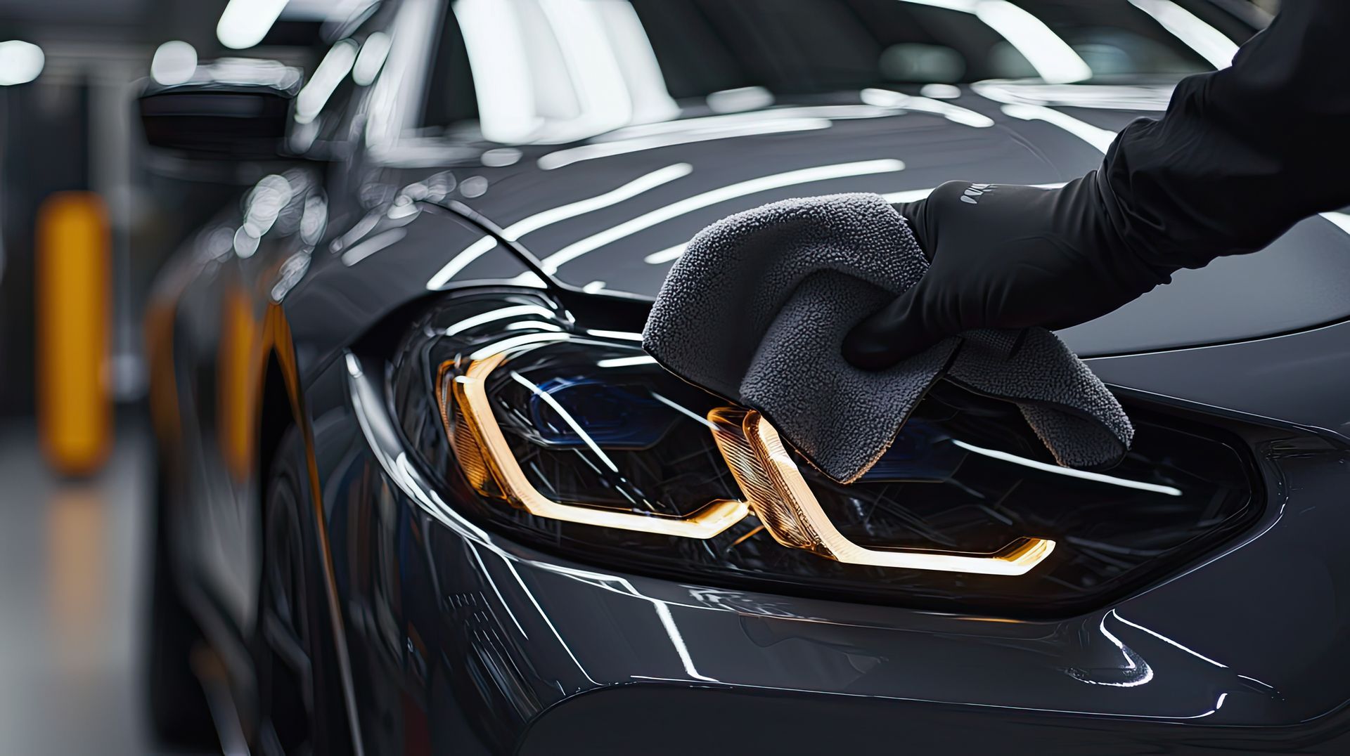 A person is wrapping a car with clear plastic