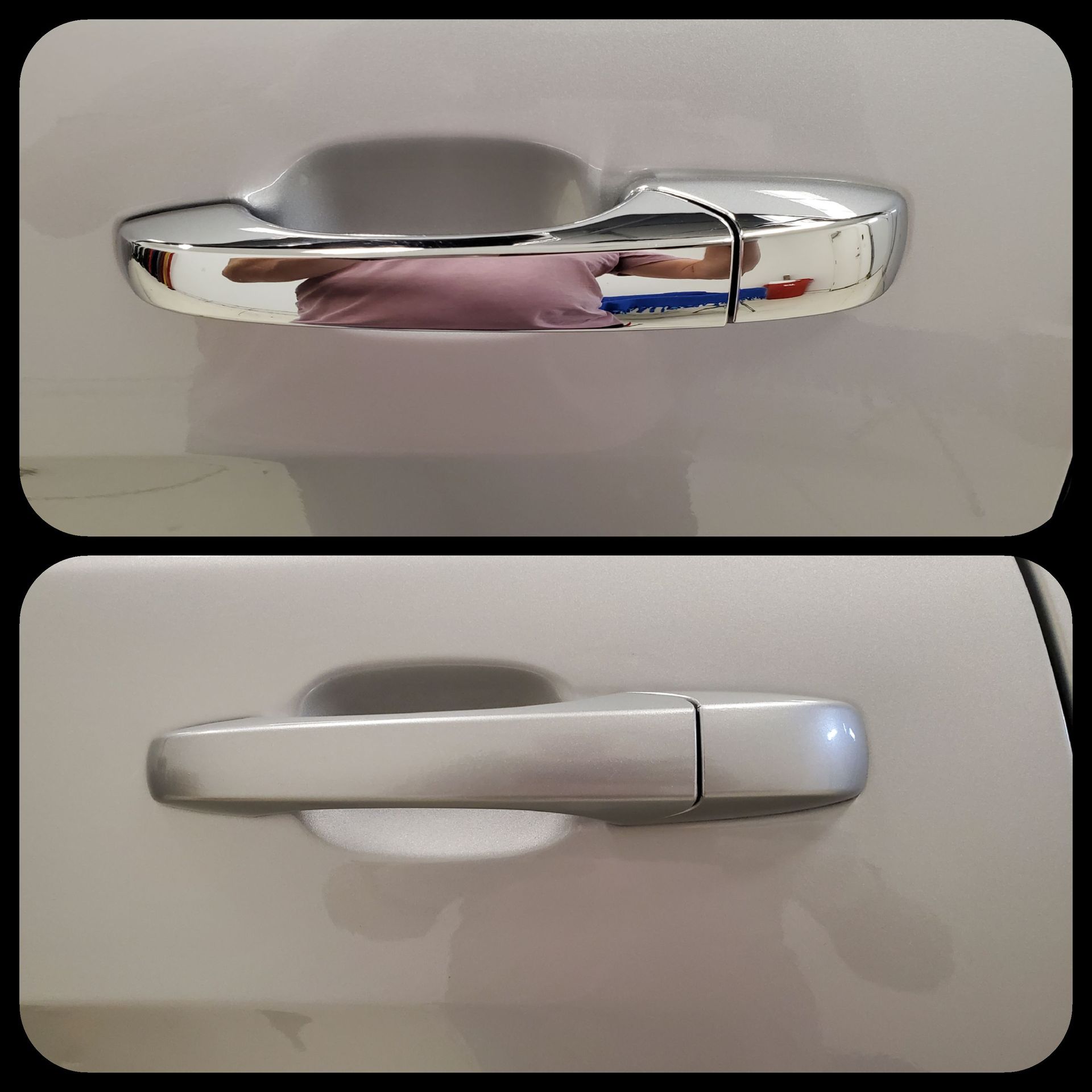 Top: Chrome car door handle. Bottom: Silver car door handle.